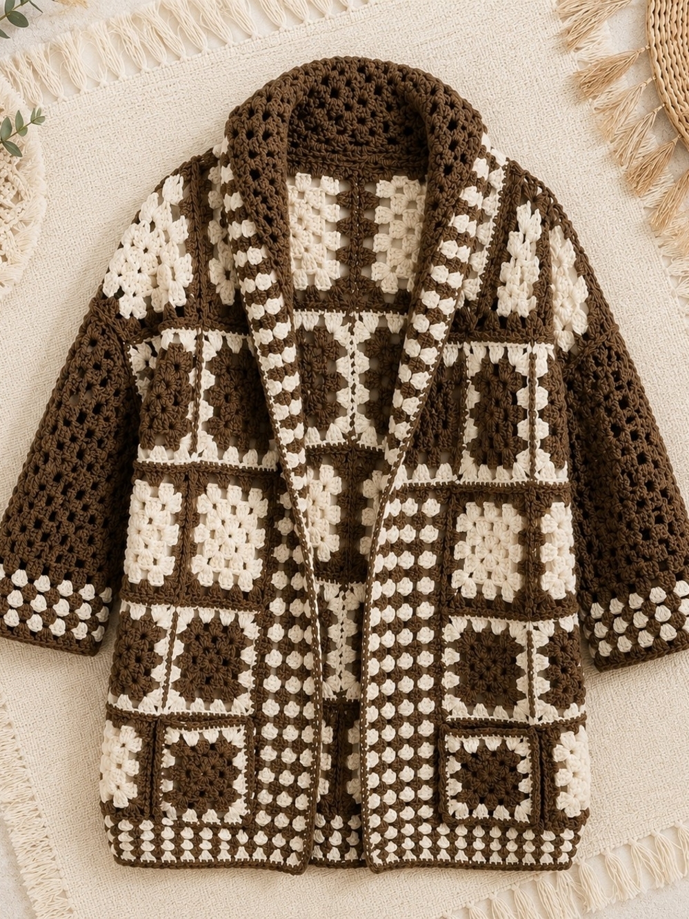Handmade Crochet Granny Square Hooded Cardigan Boho Oversized - Picture 1 of 10